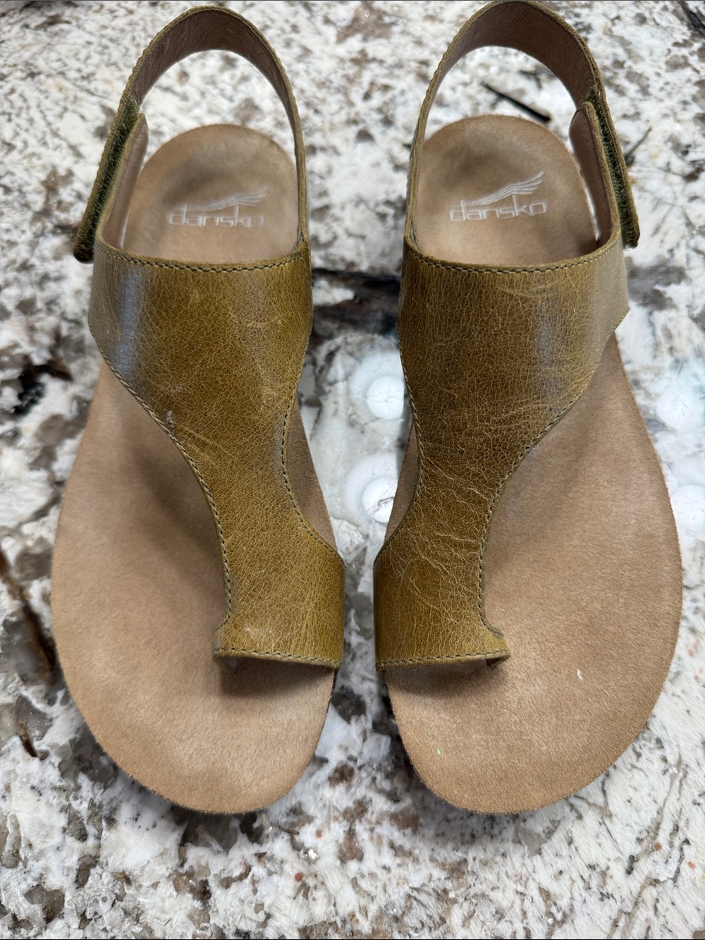 Dansko Olive-Green Leather T-Strap Slingback Sandals